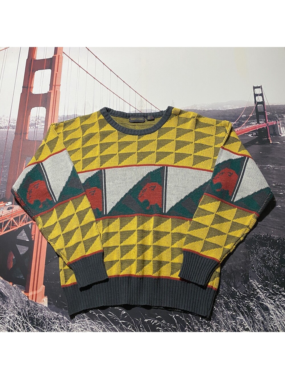 Vintage Robert Stock Sweater Mens Large Crewneck Geometric Knit Hong Kong Made